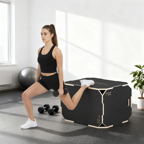 3-in-1 Plyo-Box, Sprungbox mit Griff-Öffnungen, für Home-Fitness und Outdoor-Workouts, 3 Sprunghöhen, Holz, Schwarz