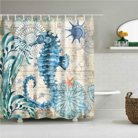 Home Duschvorhang, waschbar, wasserdicht und schimmelsicher Gedruckt mit eleganten Muster-Badvorhängen mit 12 Ringhaken 180 x 180 cm (buntes Seepferdchen) (1/5)