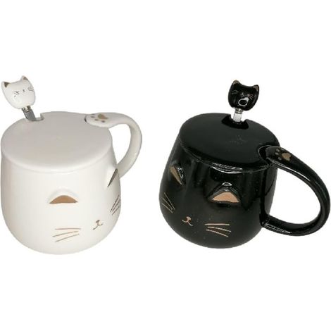 Lot de 2 Tasses,Céramique,450ml,Couvercle,Cuillère,Noir,Blanc,Chat,Kawaii,Japon,Thé,Café,Maison,Bureau