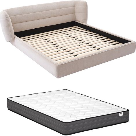 Vente-Unique – Lit adulte 140 x 200 cm avec tête de lit incurvée – Tissu bouclette beige – Matelas ressorts ensachés 140 x 200 cm – 2 places - LIT 140 X