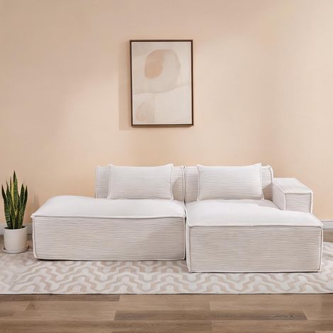 Canapé fixe 3 places en tissu beige avec coussins mousse haute (1/5)