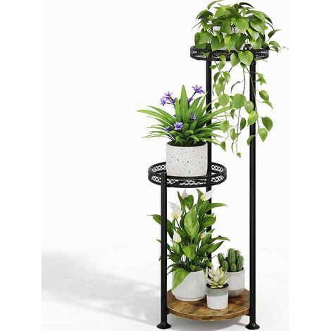 Étagère haute à 3 niveaux en métal pour plantes d'intérieur et d'extérieur pour plantes multiples - Support d'angle pour terrasse, jardin, salon, balcon (noir) (1/5)