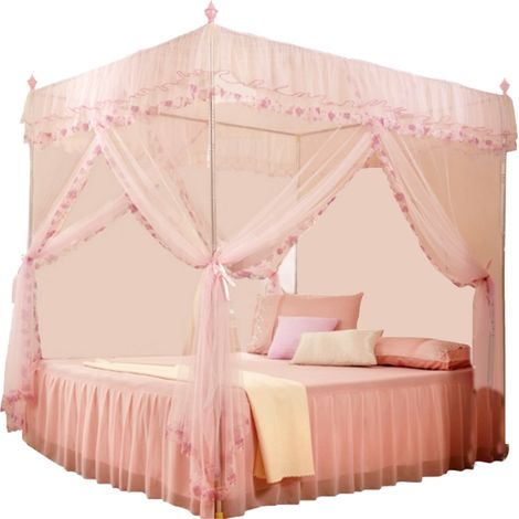 Luxueux Lit à Baldaquin Princesse 3 Ouvertures Latérales Voilage Moustiquaire Literie Rose S (1/5)