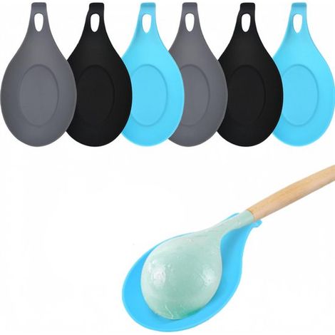 6 pezzi, Porta cucchiaio, Tappetino per cucchiaio da portata, Porta cucchiaio in silicone per piano cottura, Porta cucchiaio per piano cottura, Porta utensili da banco, Nero, grigio, blu, Per riporre (1/5)