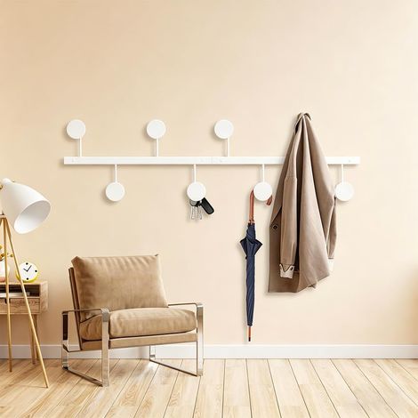 Porte-manteau mural de 80 cm, blanc, avec 8 crochets, accessoires de montage complets (1/5)