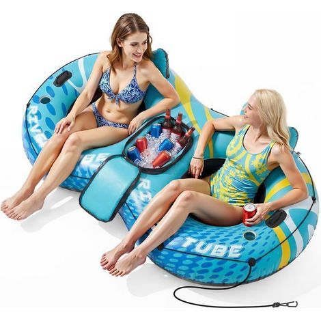 EcoFurnix-Double Float for Adults-238 x 131 cm Inflatable Mattress-Pool Parties and Water Toys-Blue Dots (1/5)
