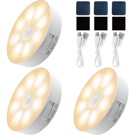 Lot de 3 Lampe Led Detecteur de Mouvement Interieur, Lampe Detecteur de Mouvement Pile,Veilleuse Led Rechargeable pour Armoire, Escaliers, Placard, Cuisine [Classe énergétique A] (1/5)