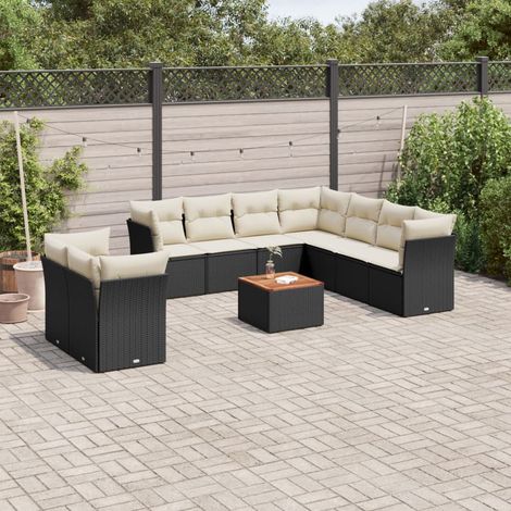 Ensemble jardin 10 places noir résine tressée avec coussins crème - 5 canapés d'angle + 4 centraux + table acacia - Résistant aux UV (1/3)
