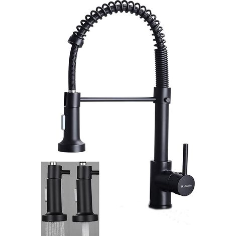 Robinet de cuisine, noir mat, pivotant à 360°, avec tête de pulvérisation rétractable, matériau en cuivre, mitigeur avec tête de pulvérisation double fonction, H noir mat (1/5)