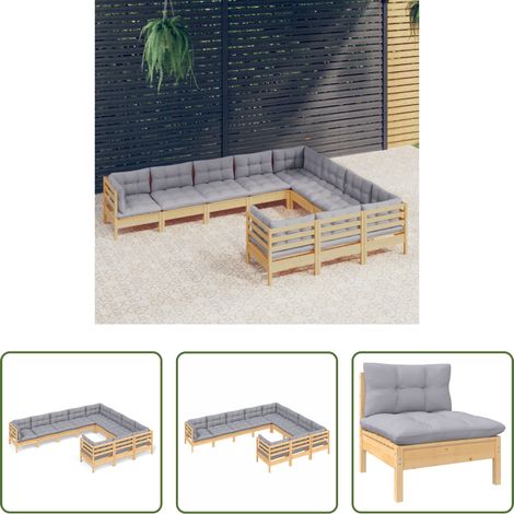 Holzgartenmöbel - 10-tlg. Garten-Lounge-Set mit Grauen Kissen Kiefernholz (1/5)