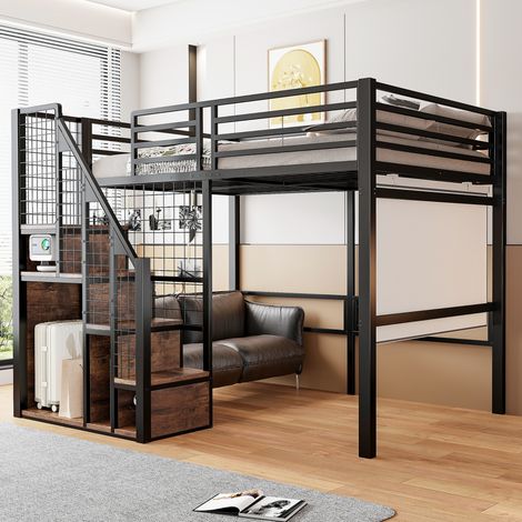 DESVIAE Lit mezzanine 140 x 200 avec escalier de sécurité rangement intégré barre de suspension grillage latéral espace bureau sous le lit noir métal MDF (1/5)