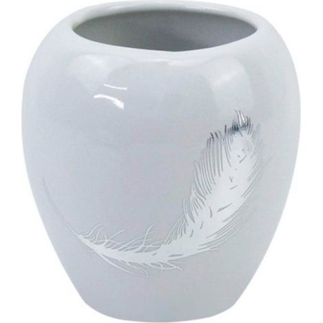 Trade Shop - Cepillo De Dientes Vaso De Cerámica Blanca Decorada Con Pluma De Baño De Plata 59899 - (1/2)