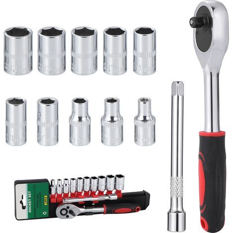 Lot de 12 clés à douille métriques de 6,35 mm, cliquet d'entraînement avec tige d'extension de clé à cliquet de haute précision, 10 pièces courtes (4-13 mm) pour réparation de voiture (1/5)