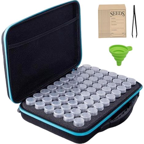 Samen-Aufbewahrungsbox, tragbarer und sicherer Samen-Organizer, inklusive 60 Behältern, einem Trichter, einer Pinzette für Gartensamen, einem Samenbeutel und zehn Beuteln.