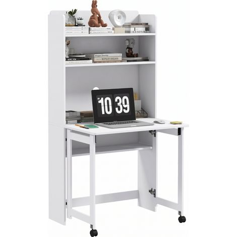 Bureau informatique blanc avec étagères de rangement et plateau rabattable 80x69x155 cm parfait pour chambre et salon (1/5)