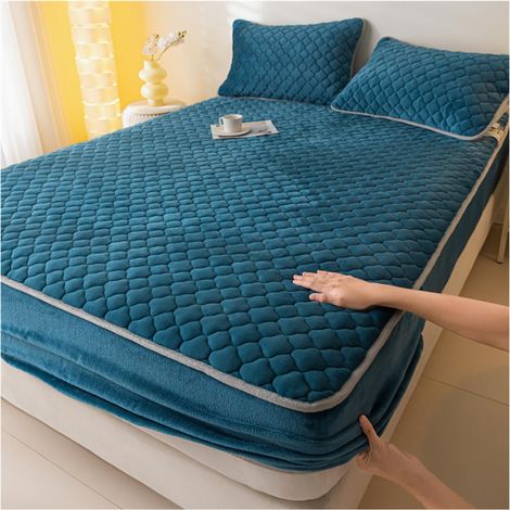 Housse de Matelas Matelassée Épaissie avec 2 Taies d'Oreiller,Ensemble de Draps Élastiques Tout Compris,Protège-Matelas Décoratif pour Chambre à Coucher,Bleu,150x200 cm (1/5)