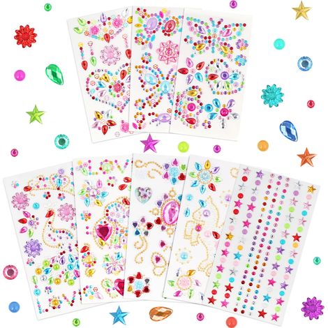 Strass Autocollants, 8 Feuilles Gem Strass Autocollants, Autocollants Auto-Adhésifs, Gem Cristal Acrylique pour Visage Maquillage Ongles DIY Décoration (1/5)
