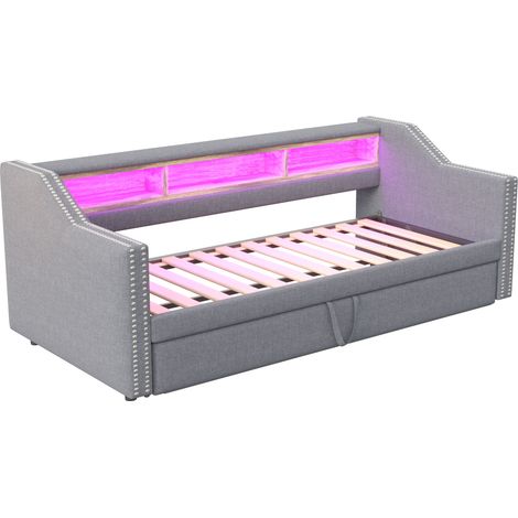 Divano letto estraibile imbottito 90/180 x 190 cm con LED, USB e vani, grigio chiaro MODENUIT (1/5)