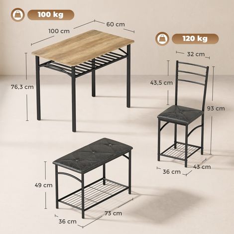 Ensemble repas 4 pièces, table bistrot industriel avec 2 chaises et banquette 4 places, coussins simili cuir brun, mobilier de cuisine moderne. (1/5)
