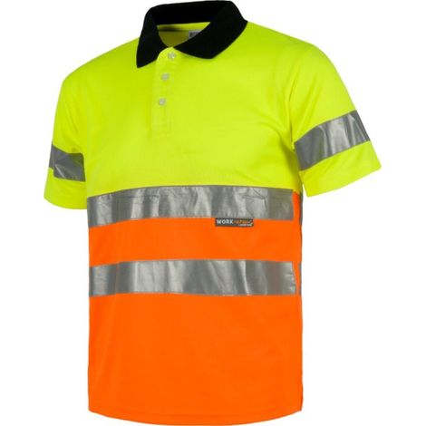 Polo con cintas reflectantes en colores flúor WORKTEAM C3866 3XL Amarillo A.V.+ Naranja A.V.