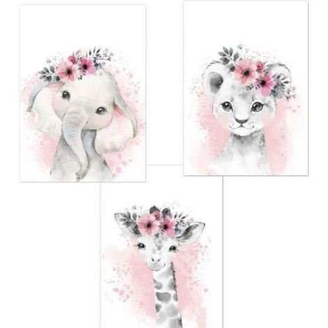3 Affiches Animaux Chambre Bebe Fille Rose Tableau Poster Girafe Elephant Lion Mural Enfant Deco Sans Cadre,2030cm (1/4)