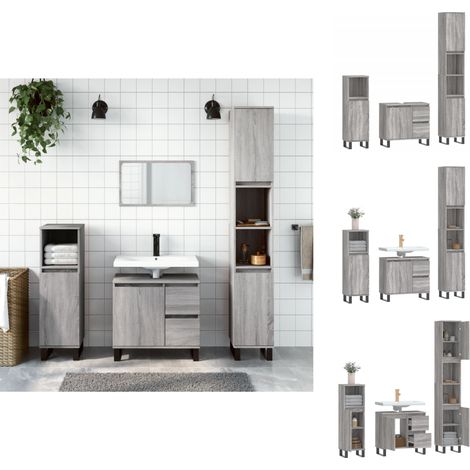 Badezimmermöbel-Sets - Living 3-tlg. Badmöbel-Set Grau Sonoma Holzwerkstoff (1/5)
