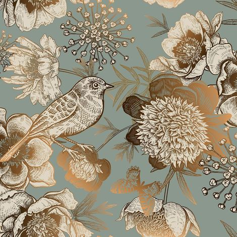 Papier Peint Adhesif Mural Fleurs Papier Peint Fleurs Oiseaux Vert et Doré Film Adhesif pour Meuble Vintage Armoire 44.5CM x 3M Papiers Peints Autocollants pour Chambre Salon Cuisine (1/5)