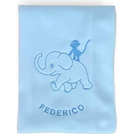Copertina pile personalizzata con nome - Elefantino – Bambino e Bambina - asilo lettino culla neonato, ricamo Made in Italy Azzurro Cm. 70x100