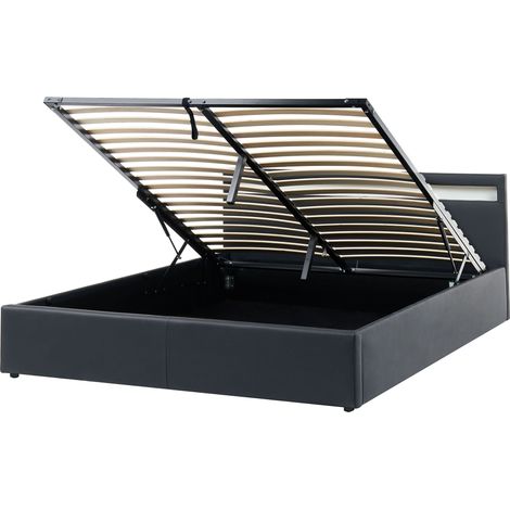 Cama con almacenaje somier de láminas tapizado de piel sintética 180 x 200 cm luces LED multicolores negro Armelle (1/5)