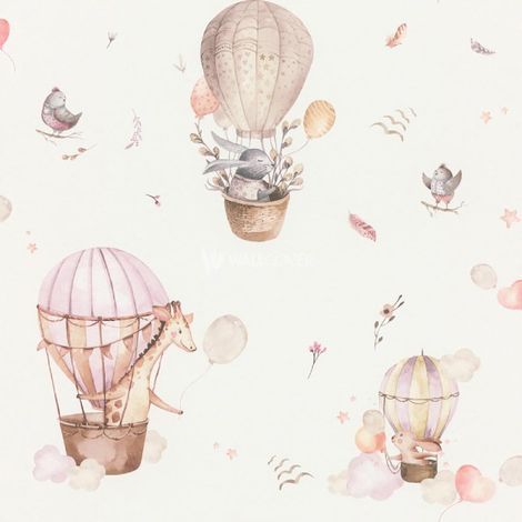 Rasch Kids Hot Air Balloon Animal Print Pink Wallpaper Textured Paste The Wall