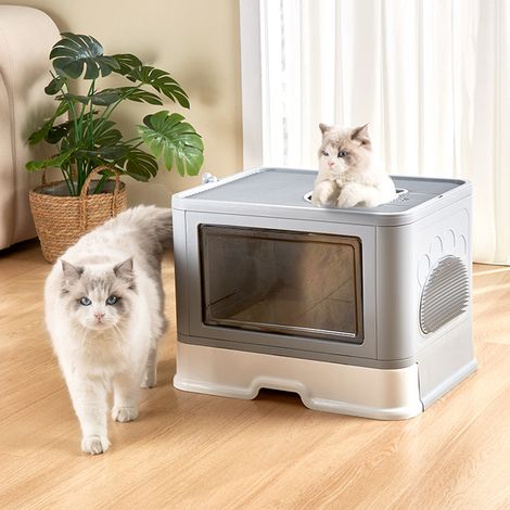 Yongqing – Bac à litière pour chat pliable – Maison de toilette fermée avec zone de chatouillement – Dimensions 48.5 x 36.5 x 38 cm – Couleur gris (1/5)