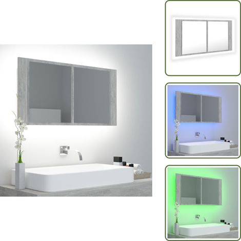 Armoire de salle de bain à miroir LED Gris béton Acrylique - Armoire Salle De Bain - Meuble Salle De Bain - Miroir Led - Éclairage Rvb - Rangement Salle De Bain