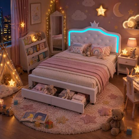 JOOKGBD-Kinderbett Polsterbett 140 x 200 cm,Einzelbett 140 x 200 cm mit LED, Mädchenbett mit 1 Schublade und höhenverstellbarem Kopfteil,Prinzessinnenbett in Kronenform,Lattenrost,PU,Weiß