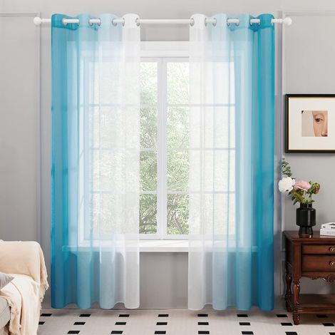 Lot de 2 Rideaux Voilages, Décoration Rideau à Oeillets, 132×213 CM, Dégradé de Couleur pour Chambre Enfant Fille Salon Maison Fenêtre Balcon, Bleu