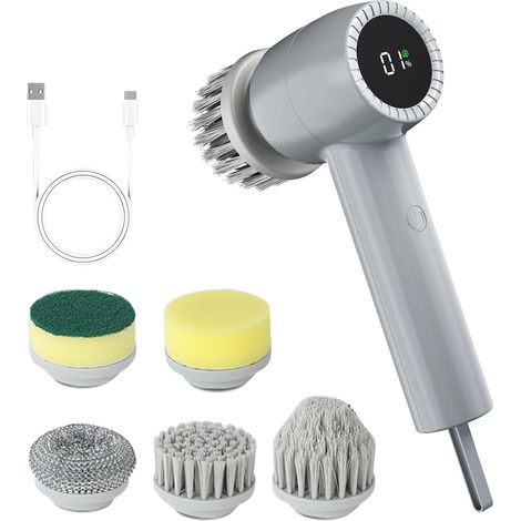 Brosse Nettoyage Electrique 5 en 1,Brosse Rotative Nettoyage avec Écran LED,5 Brosses,2 Vitesses Réglables,pour Salle de Bain,Cuisine,Vaisselle,Carrelage,Fenêtre (Gris) (1/5)