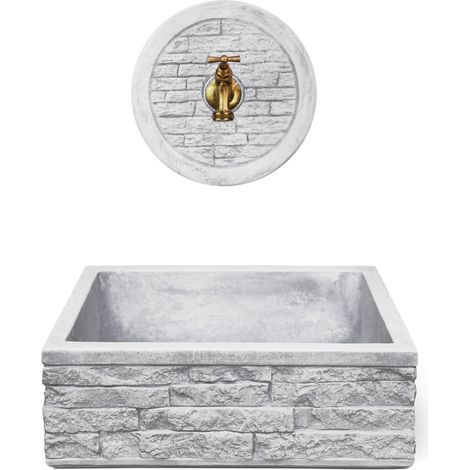 Lavello Rettangolare da Esterno 45x35 cm con Rosone Installazione a Muro in Cemento Mattone Faccia a Vista Meseta Grigio (1/5)