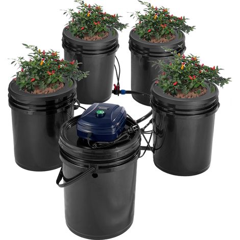 VEVOR RDWC Sistema de cultivo hidropónico, kit de goteo superior, cultivo de agua profunda de recirculación de 20 L 4 cubos, con bomba de aire, dispositivo de nivel de agua, para verduras de hoja