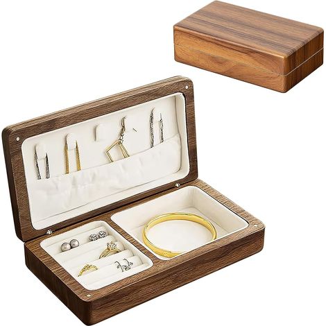 Boîte à bijoux en bois - En velours - Avec couvercle - Petite boîte à bijoux en bois - Organiseur de bijoux - Boîte à bijoux - Boîte à bijoux de voyage vintage pour femme (noyer noir) (1/5)
