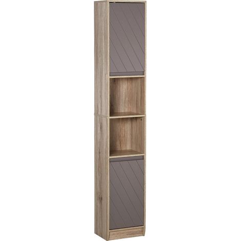 Armoire de salle de bain haute , colonne étroite avec 2 portes et 2 étagères ouvertes, idéale pour les petits espaces, 30 x 24 x 170 cm, chêne et gris