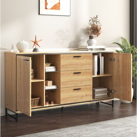Aparador 160 x 40 x 85 cm, 3 cajones, con LED de 16 colores, acabado madera natural y negro DESVIAE (1/5)