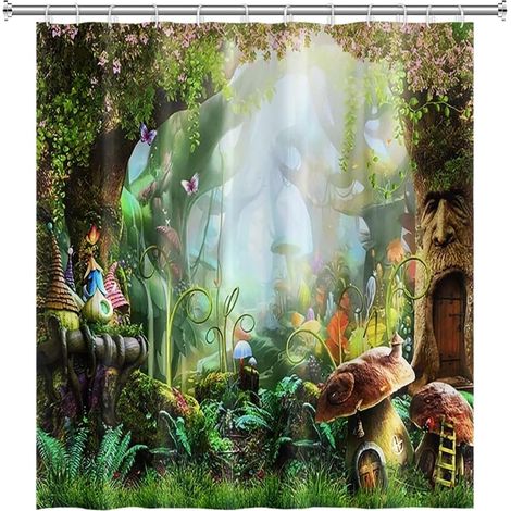 152x183cm Conte de Fée Champignon Rideau de Douche Magie Fantaisie Forêt Jungle Arbre Bain Vert Gazon Feuille Floral pour Salle de Bains Polyester avec Crochets (1/5)