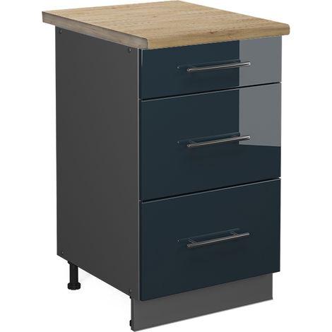 Schubladenschrank Fame-Line, Dunkelblau Hochglanz, 50 cm , AP Eiche, Vicco