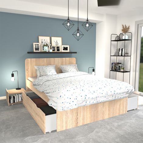 Le Quai Des Affaires – Lit double ZENIA 140x190 cm – 2 chevets et 2 tiroirs – Décor chêne blanchi – Hauteur 100 cm – Livré démonté sans sommier (1/6)