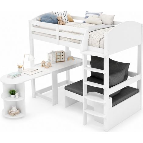 Cama alta infantil 90x200 cm blanca con escritorio abatible, sofá y almacenaje HOMVRA (1/5)