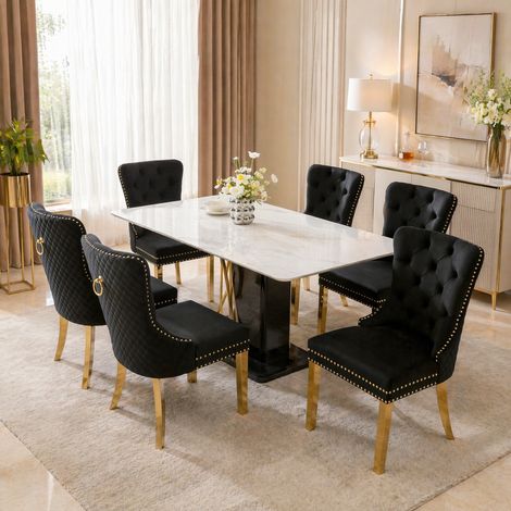 Silla de comedor de terciopelo negro con respaldo de anilla y patas doradas DESVIAE (1/5)