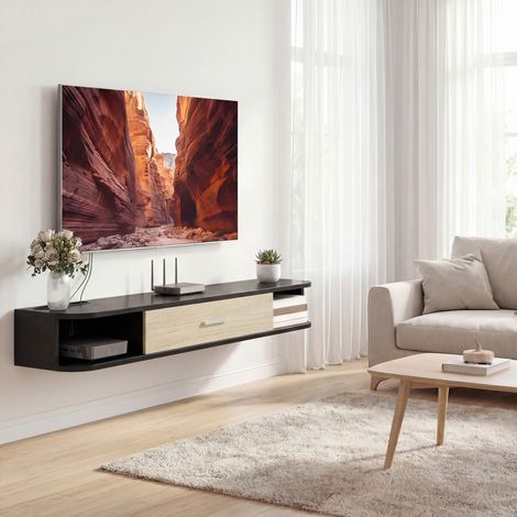Meuble TV Suspendu 120 cm. Meuble télé jusqu'à 50 Pouces. Porte Rabattable. 2 Étagères Ouvertes et Passe-câbles. Noir