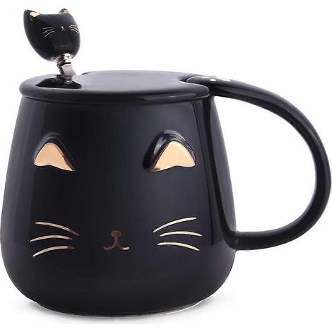 KLVGTIFS PU - Mug Chat Noir, Mug à Café en Céramique Motif Chat Mignon avec Cuillère en Acier Inoxydable, Mug Original pour les Amoureux des Chats (400ml) (1/5)