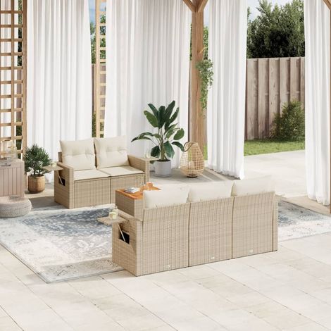Salon de jardin 6 pcs en résine tressée beige et bois d'acacia avec coussins blanc crème - PANGIVO (1/5)