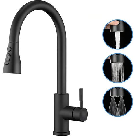 Mitigeur de cuisine en acier inoxydable 304 avec douchette extensible, 3 jets, anti-traces de doigts, certifié CUPC pour 1 ou 2 trous - Noir