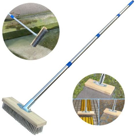 Balai en métal robuste à manche amovible (167 cm), brosse métallique rigide pour éliminer les mauvaises herbes, la mousse et les taches tenaces, balai à poils pour patio, terrasse et jardin